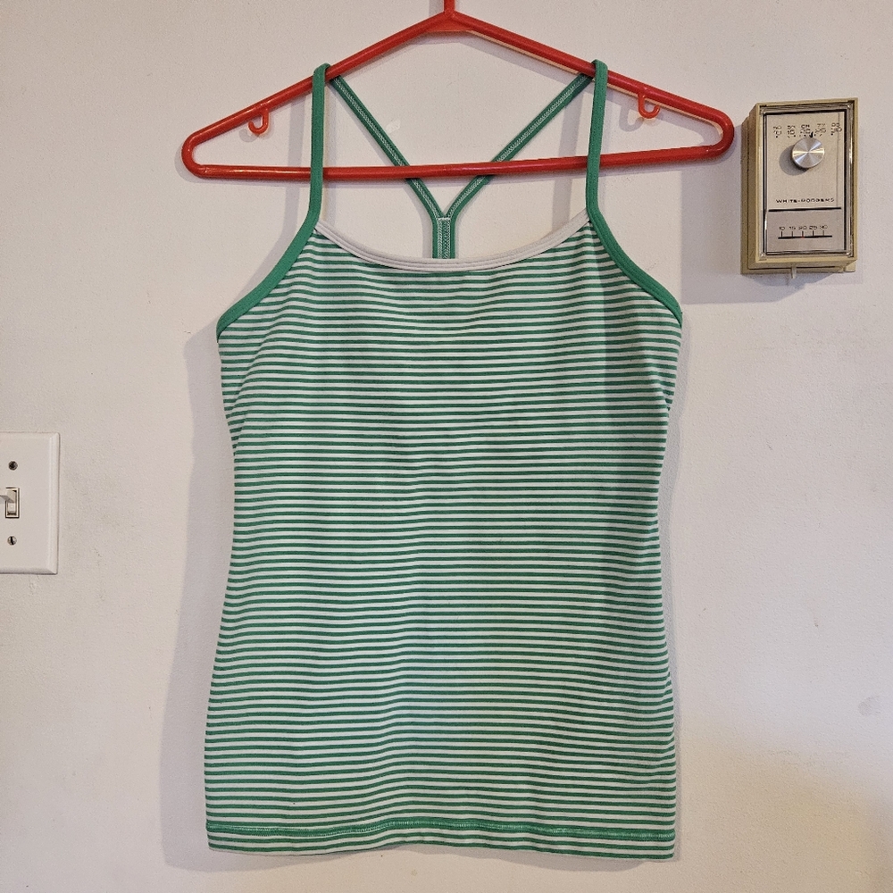 LULULEMON Power Y Tank Top Green and White Striped Size 8